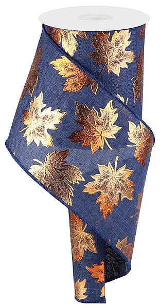 Wired Fall Leaves on Navy Ribbon- 4”x10 Yards