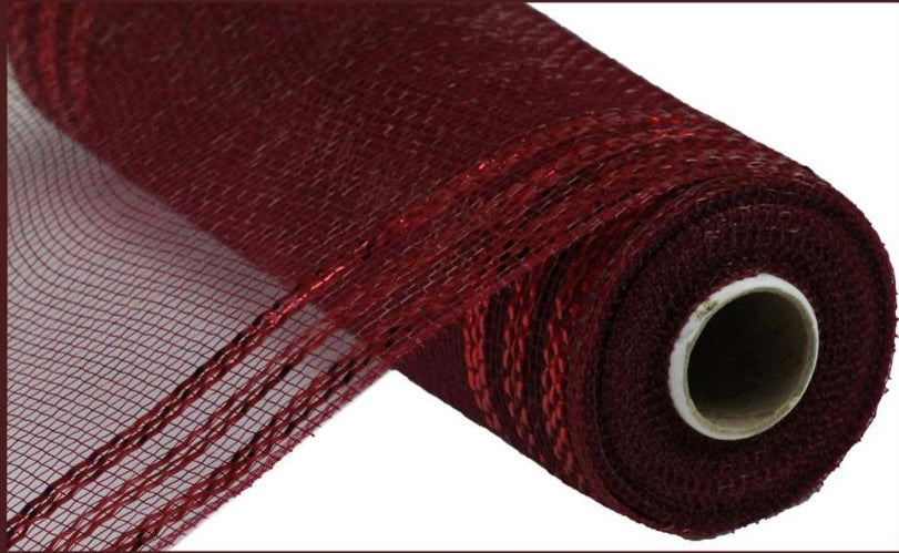 10 inch x 10 Yards Burgundy with Red Foil Border Stripe Metallic Mesh