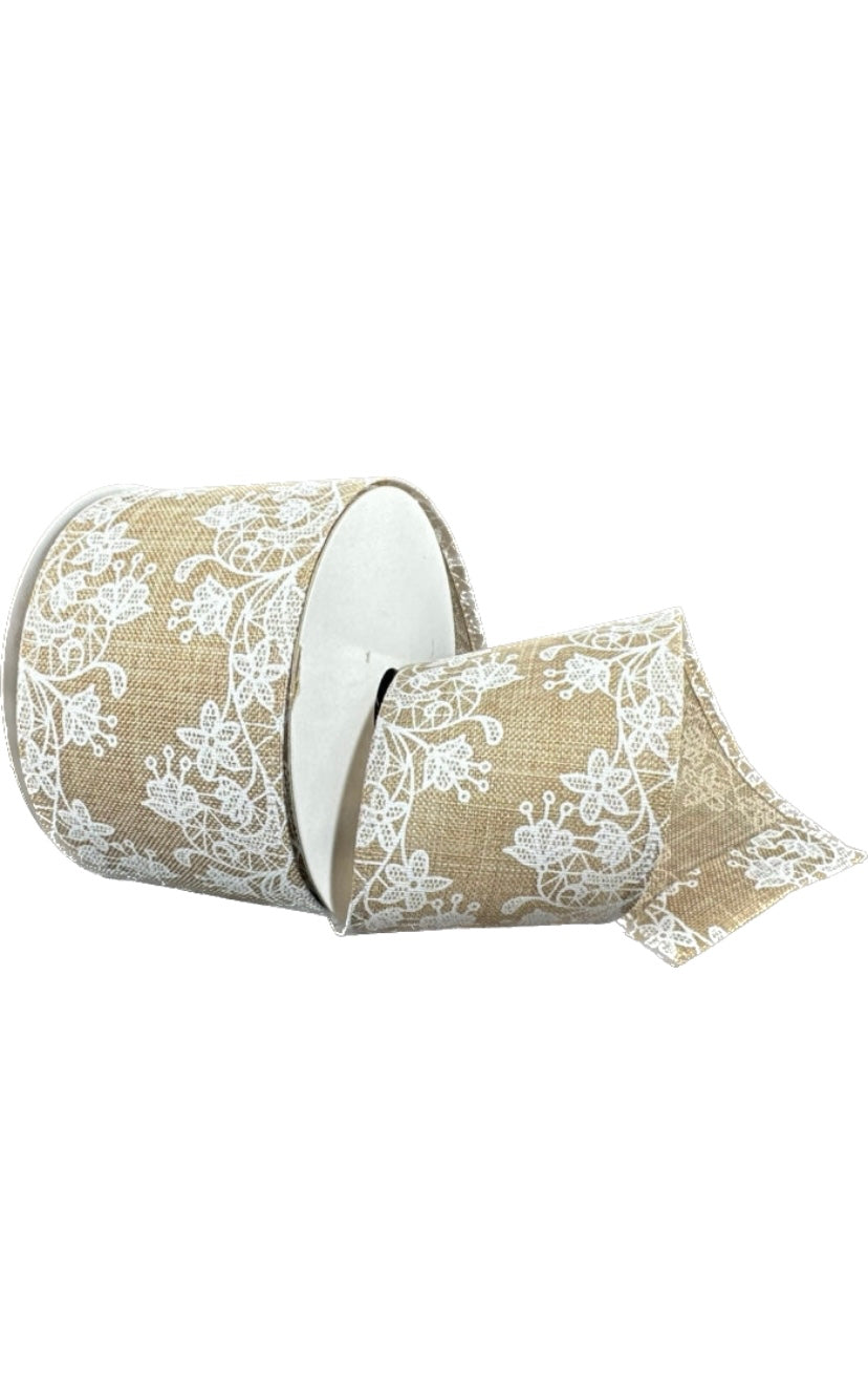 Wired Natural Linen White Floral Ribbon-2.5”x10 Yards