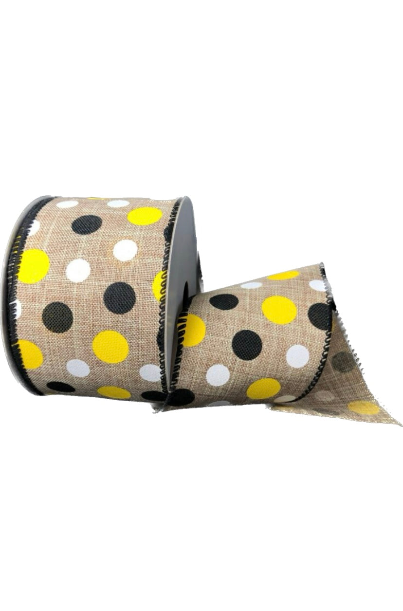 10 Yards - 2.5 Wired Natural, Yellow, and Black Polka Dot Ribbon