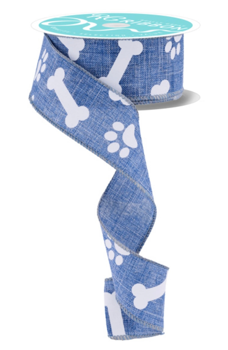 10 Yards - 1.5” Denim Blue Paws and Bones Ribbon