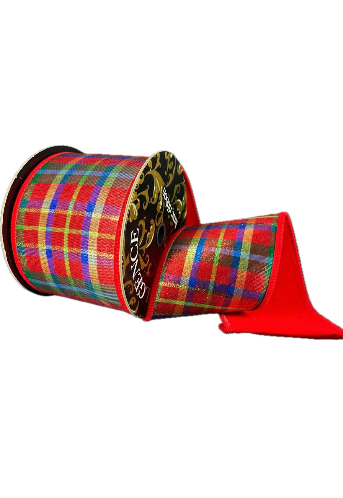 Wired Metallic Tartan Plaid/Thick Flat Red Velvet Back Ribbon- 4”x10” Yards