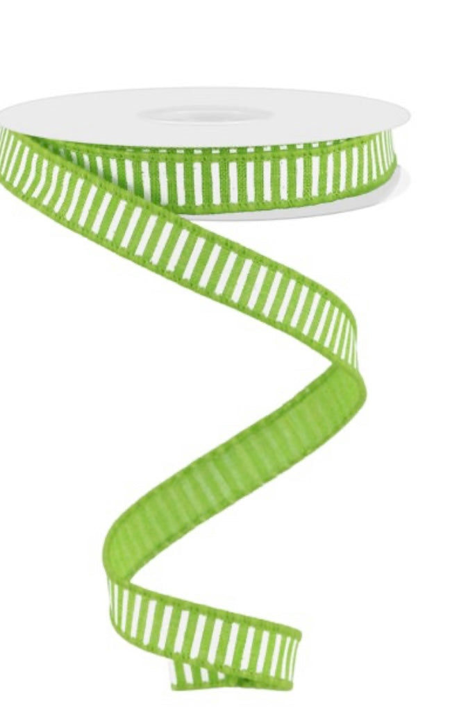 10 Yards - 5/8” Wired Lime and White Stripe Ribbon