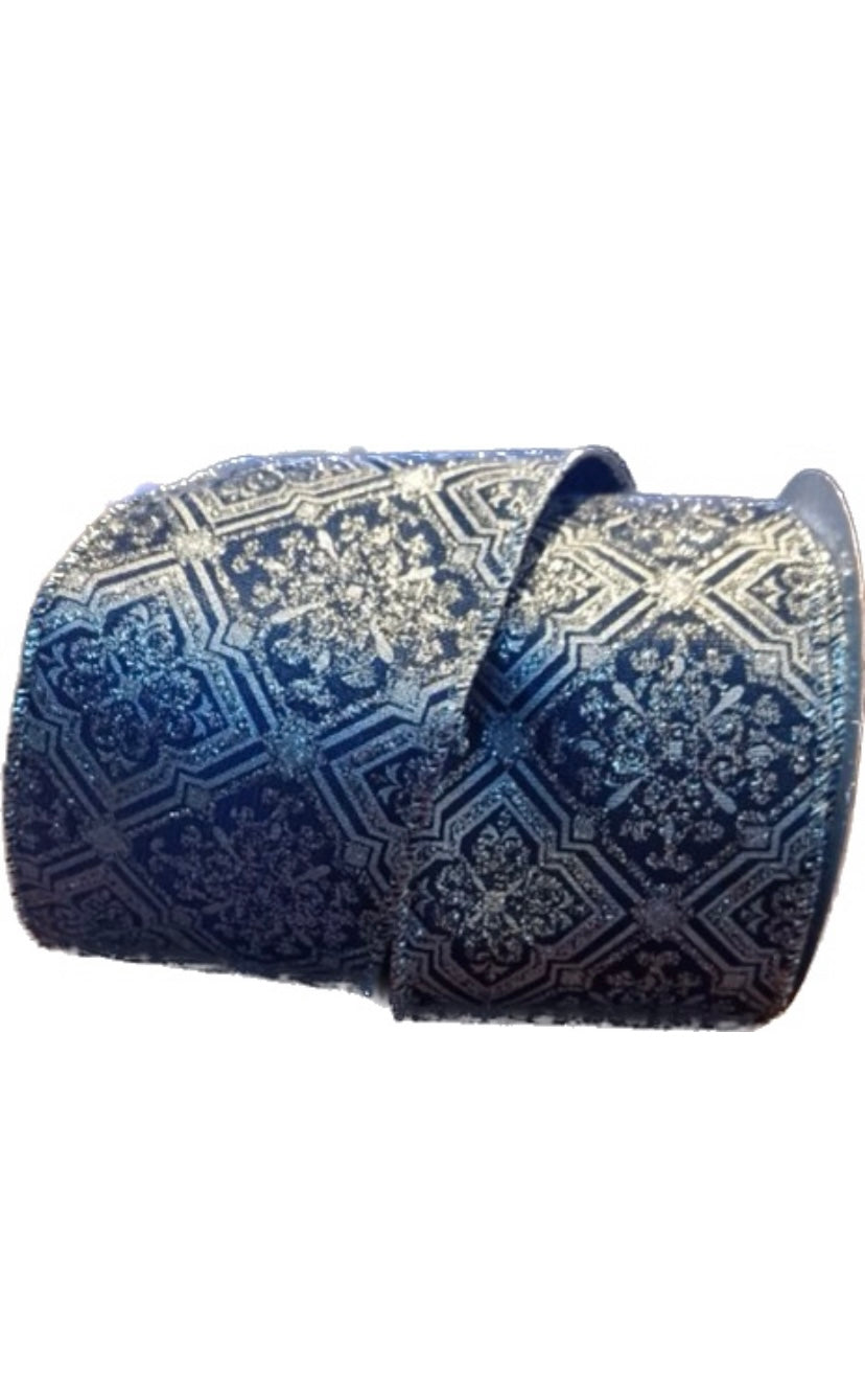 Wired Silver Design on Blue Ribbon-2.5”x10 Yards