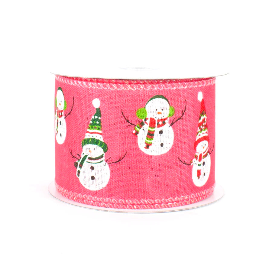 10 Yards - 2.5” Wired Pink Background Glitter Accent Snowman Friends Ribbon