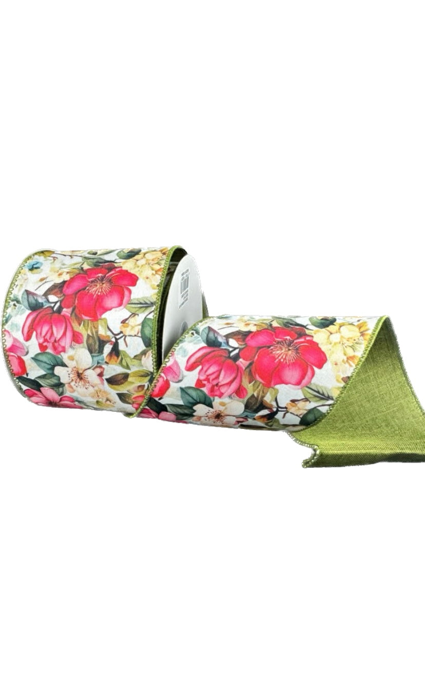 Wired Double Sided Pink-Blush Magnolia Moss Linen Back Ribbon- 4”x10 Yards