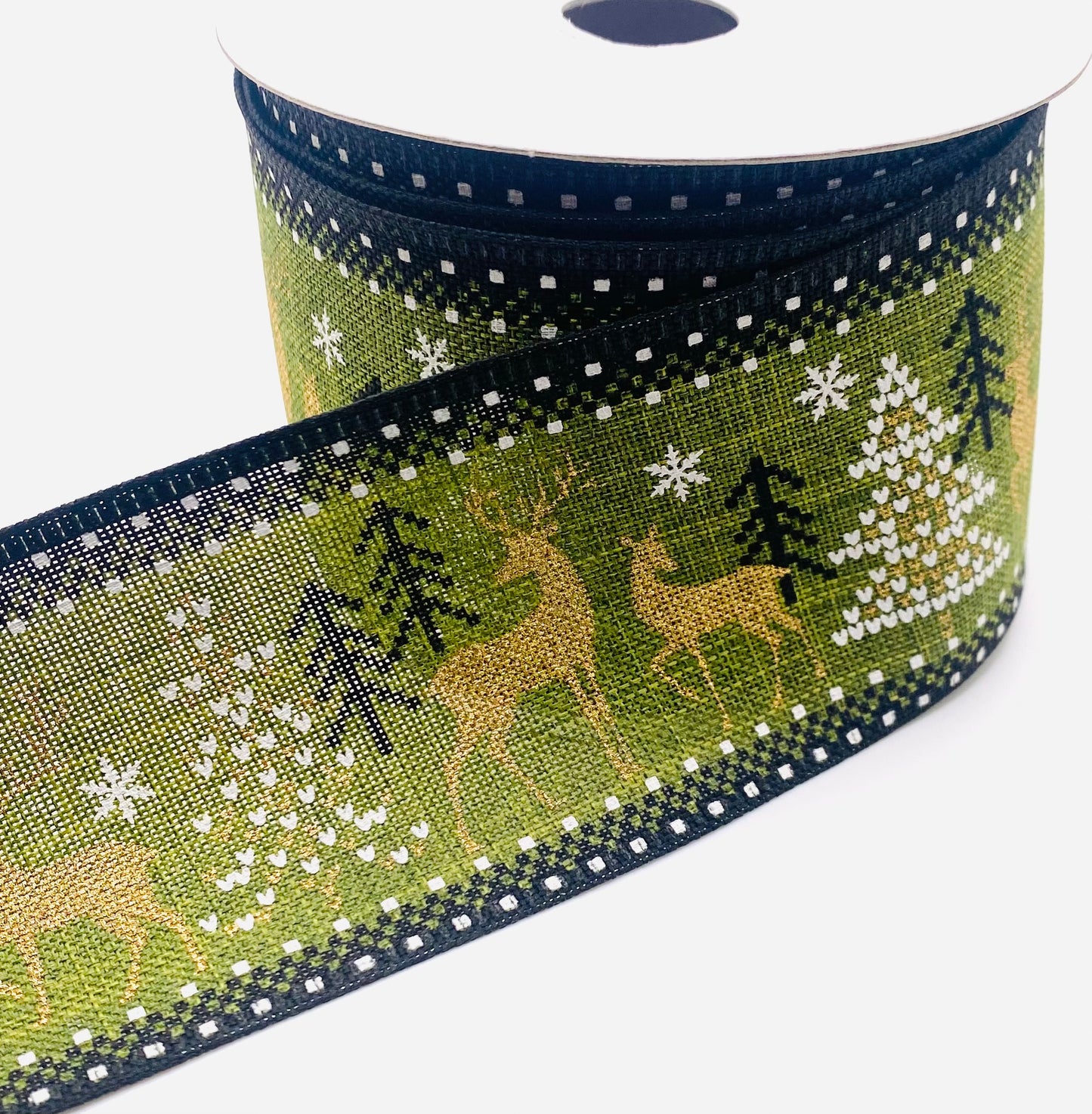 10 Yards - 2.5” Wired Moss Linen Gold Black White Deer Sweater Print Ribbon