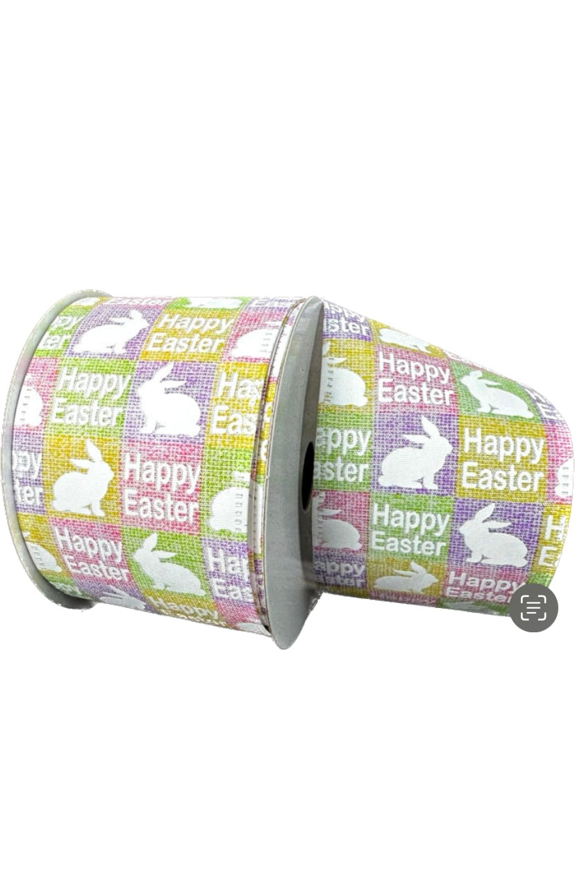 10 Yards - 2.5” Wired Pastel Check Happy Easter Bunny Ribbon