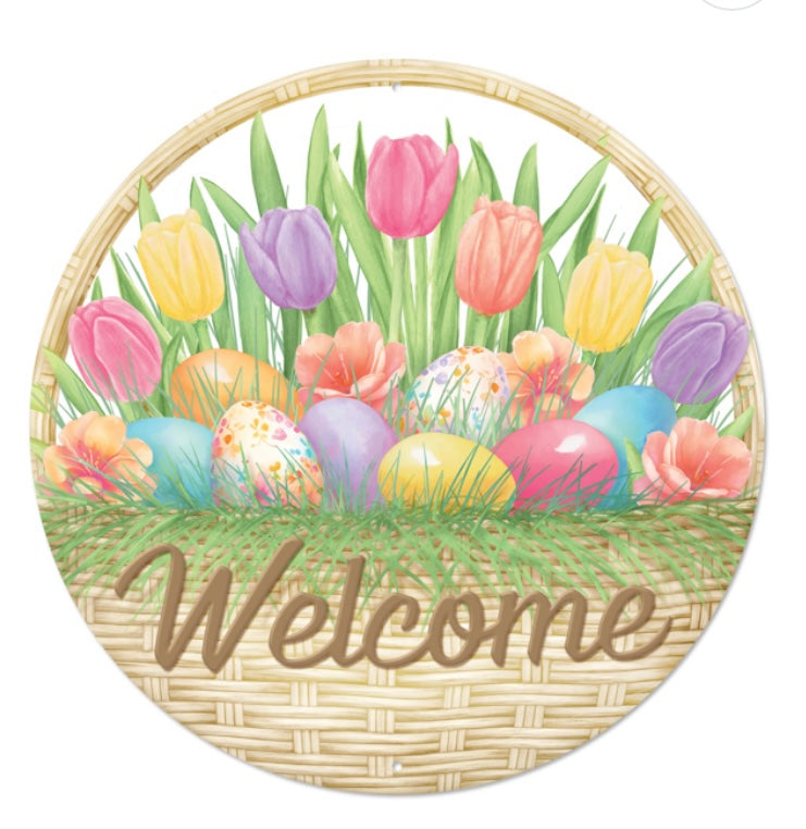 12" Round Metal Spring Welcome Floral and Eggs Wreath Sign