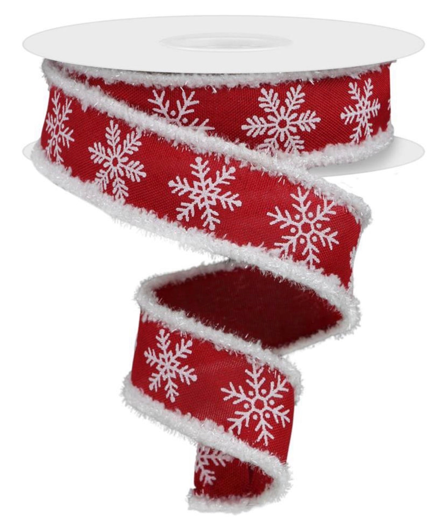 Wired Red Background with White Glitter Snowflakes Ribbon with White Snowdrift Edge- 1.5”x10 Yards