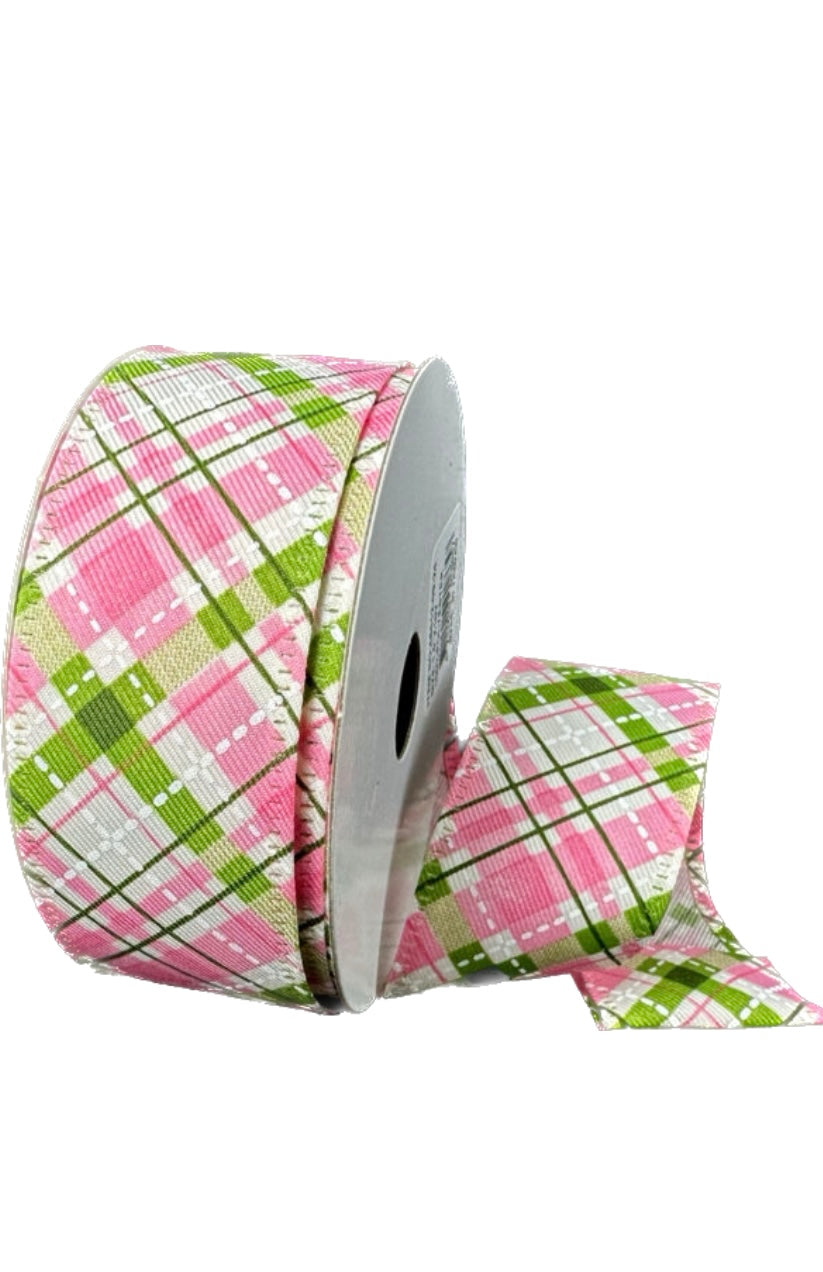 10 Yards - 1.5”Wired Pink,Green, and White Diagonal Cabot Printed Plaid Ribbon