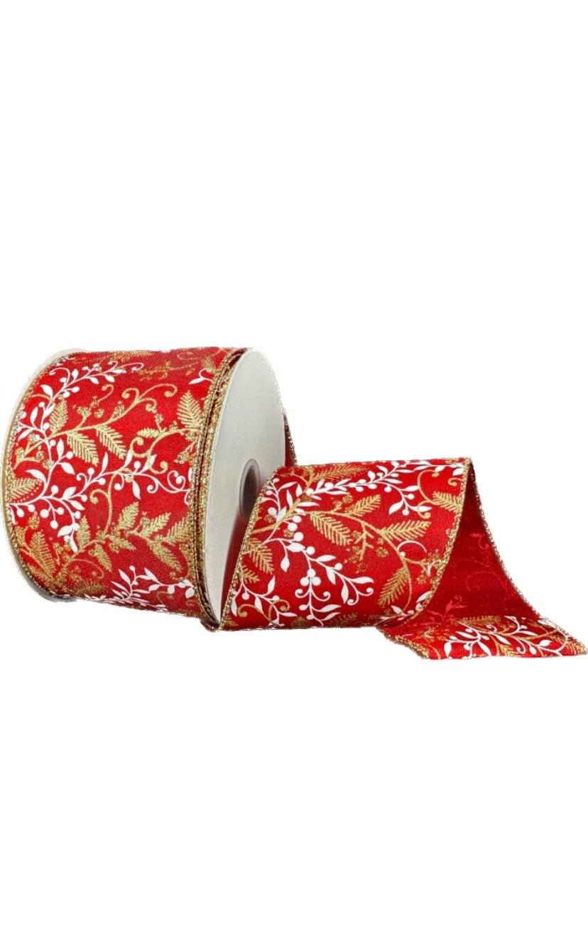 Red Satin Vines and Berries Ribbon-2.5”x10 Yards