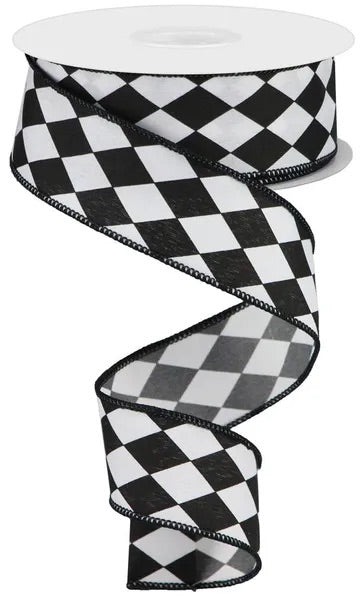 Wired Black and White Antique Diamonds Ribbon- 1.5”x10 Yards