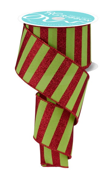 Wired Lime and Red Horizontal Stripe Glitter Accent Ribbon- 2.5”x10 Yards
