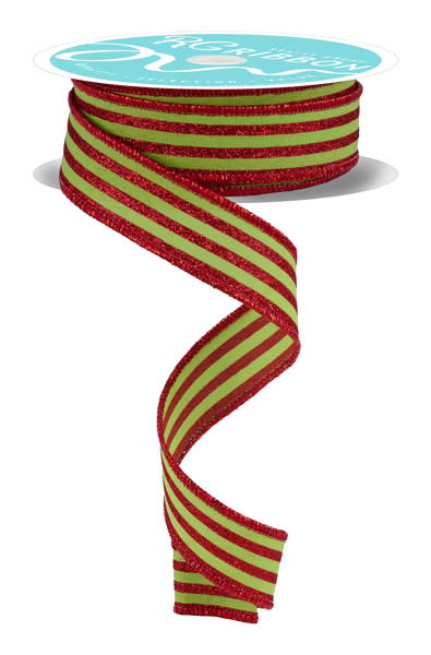 Wired Lime and Red Vertical Stripe Glitter Accent Ribbon- 7/8”x10 Yards