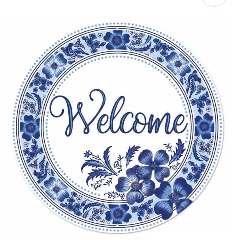 12" Round Metal Floral Welcome Wreath Sign