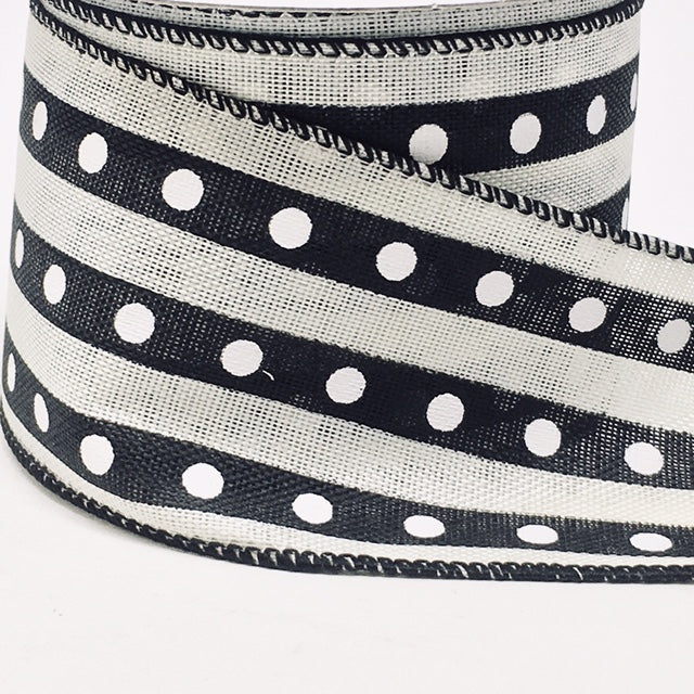 10 Yards - 2.5” Wired Black and Cream Dotted Stripe Ribbon