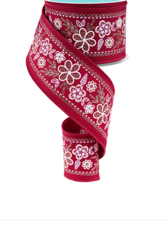 10 Yards - 2.5” Wired Wine Red and White Floral Ribbon