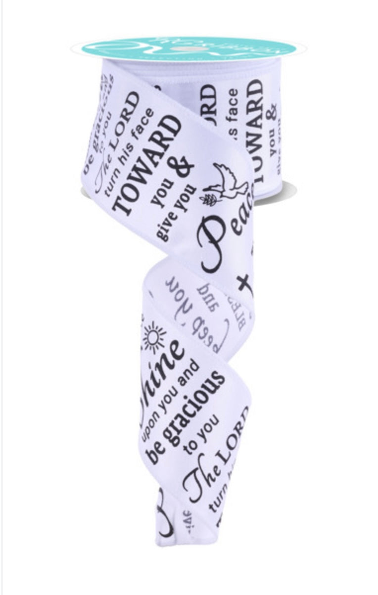 10 Yards - 2.5" Wired Ivory and Black The Lord Bless You Religious Ribbon