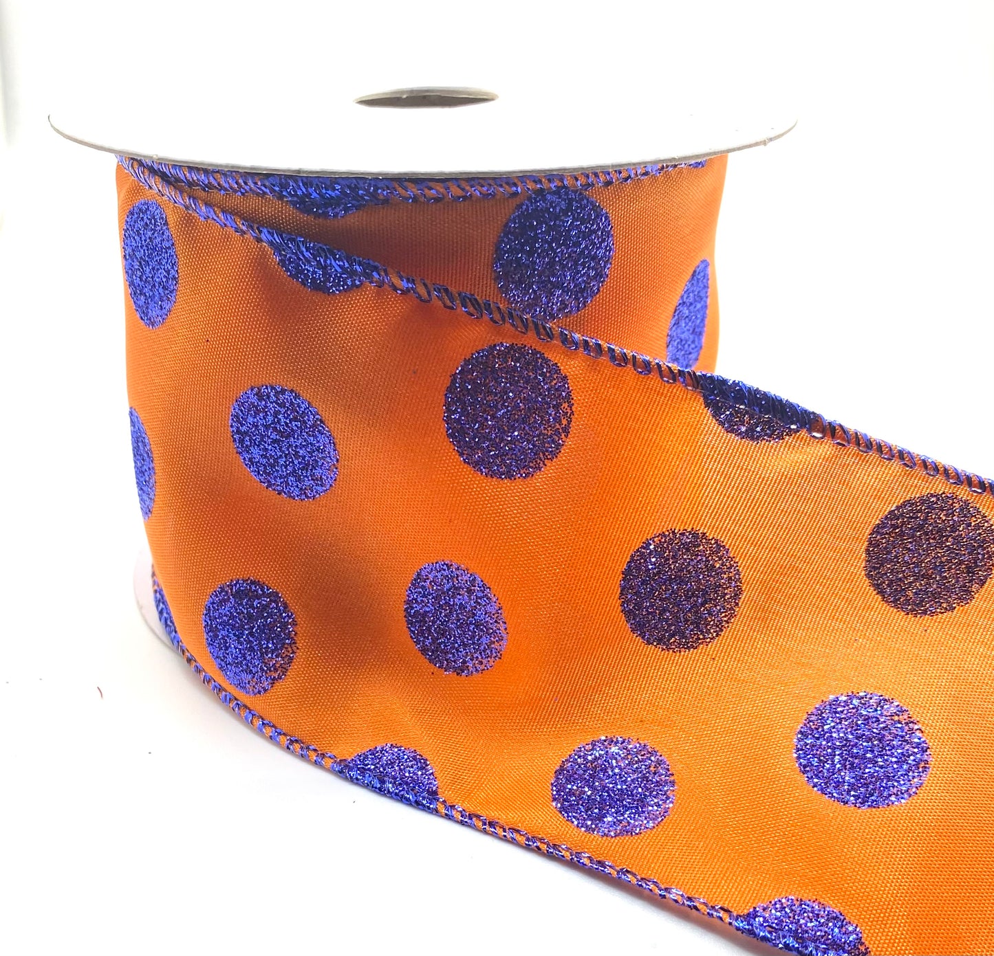 10 Yards - 2.5” Wired Orange with Blue Glitter Polka Dot Ribbon
