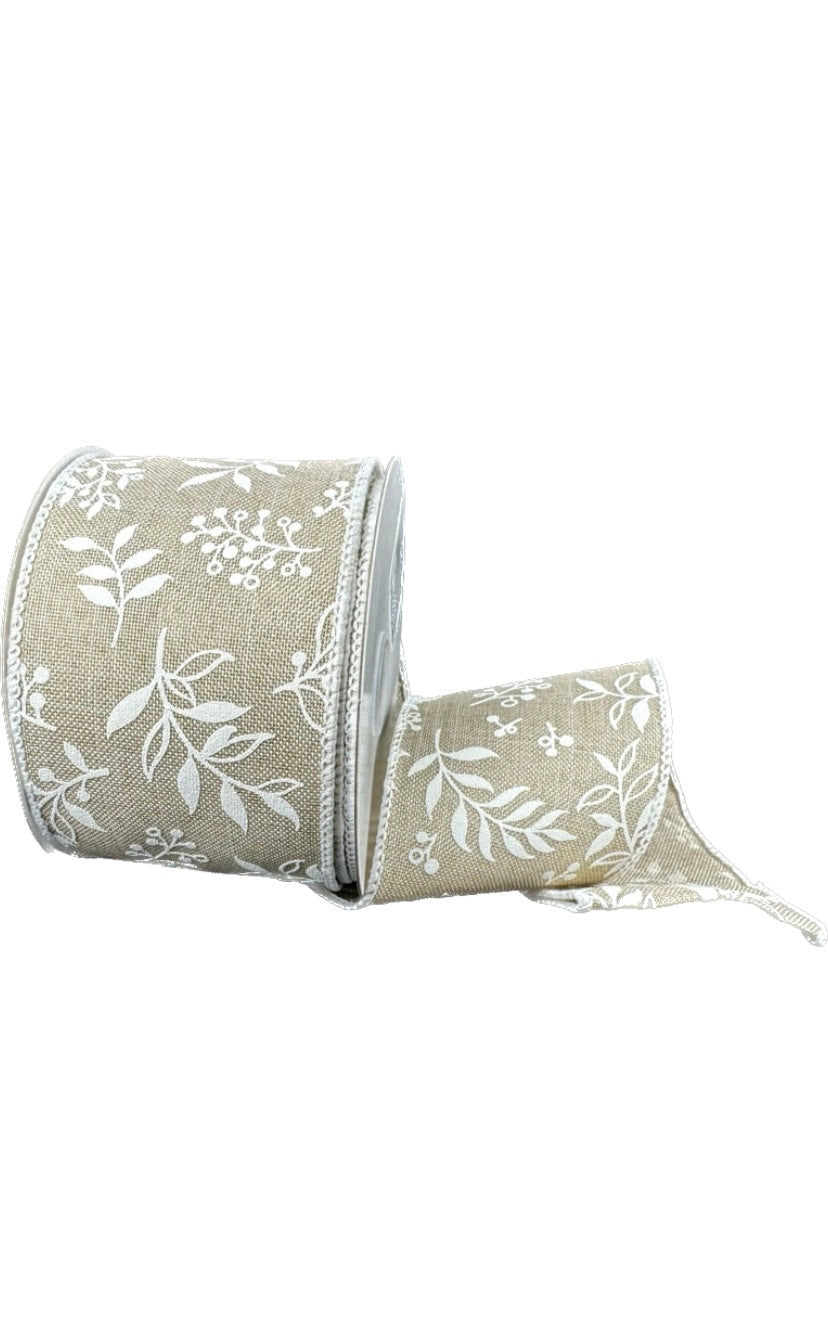 Wired Natural Linen White Foilage Ribbon-2.5”x10 Yards
