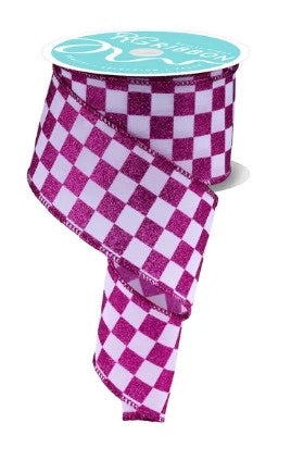 Wired White and Hot Pink Print Glitter Check Ribbon- 2.5”x10 Yards
