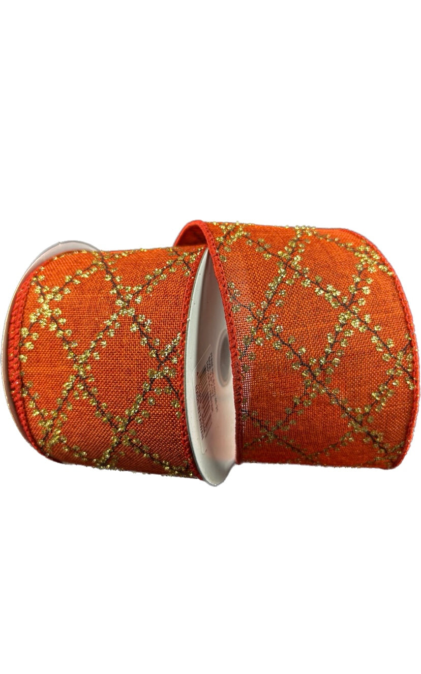 Wired Rust Linen Gold Glitter Diamond Terrace Ribbon- 2.5”x10 Yards