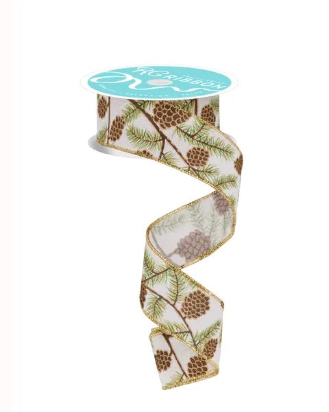 Wired Pine Cone Branch Ribbon- 1.5”x10 Yards