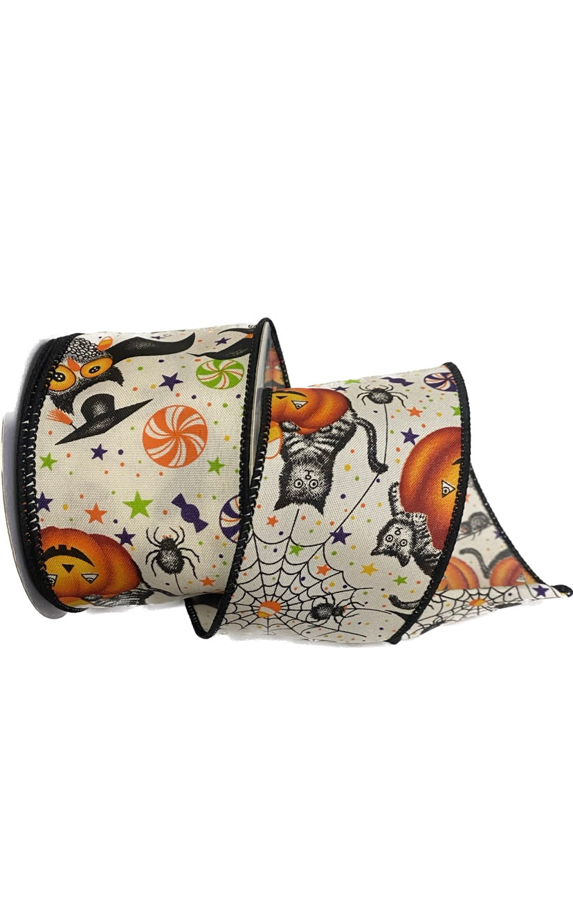 Wired Black Jack-o-lantern, Cats and Spiders Whimsical Halloween Ribbon-2.5”x 10 Yards