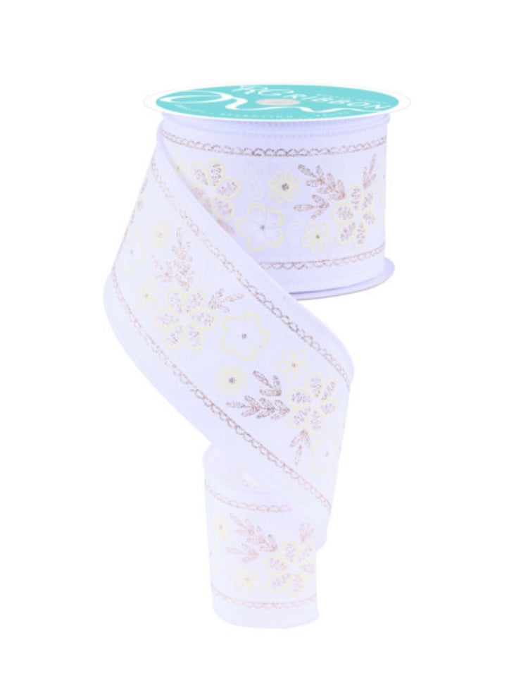 10 Yards - 2.5” Wired White and Champagne Floral Ribbon