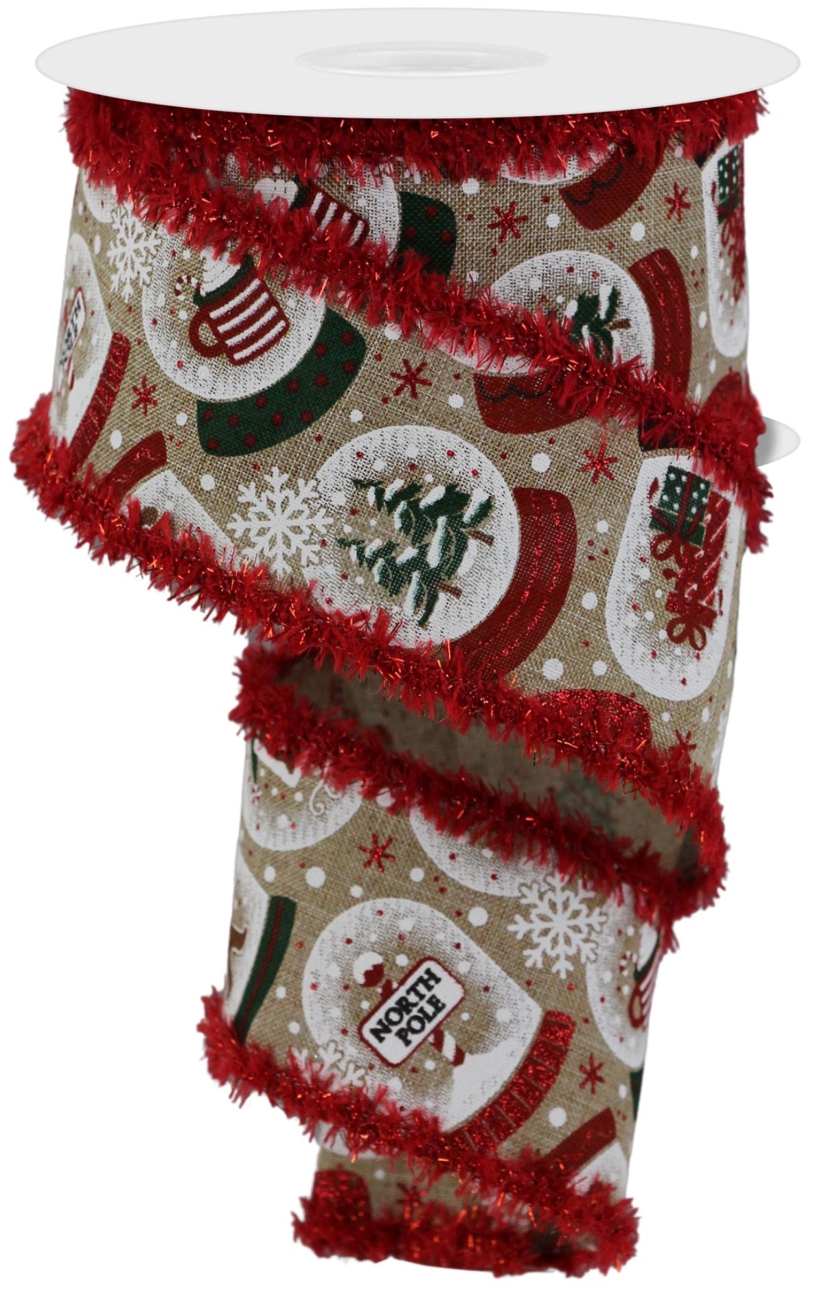 10 Yards - 2.5” Wired Natural Background Winter Snow Globe Ribbon with Glitter Accent and Red Tinsel Snowdrift Edge