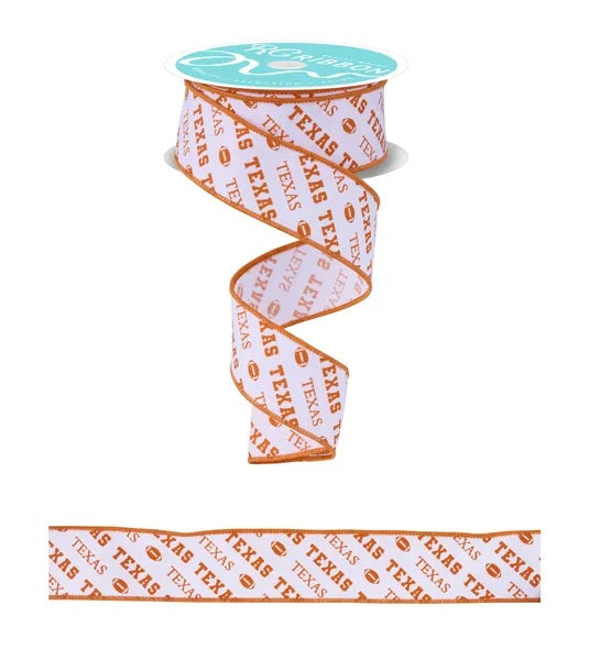 Wired Burnt Orange and White Texas Ribbon-1.5”x10 Yards