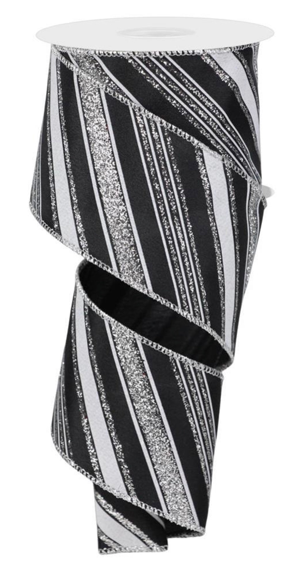 Wired Black, White, and Silver Glitter Diagonal Stripe Ribbon- 2.5”x10 Yards