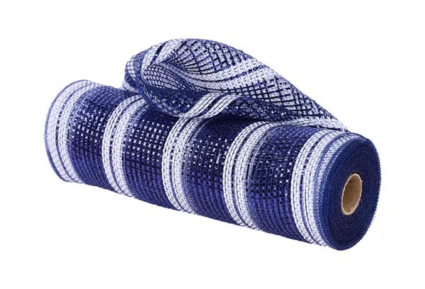 Metallic Navy Blue and White Wide Foil Stripe Mesh-10.5”x 10 Yards