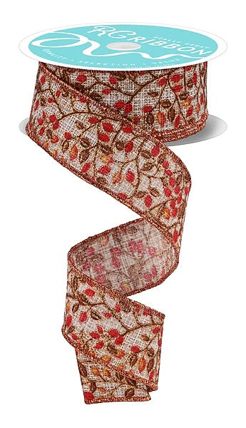 Wired Mini Berries and Vines on Woven Ribbon- 1.5”x10 Yards