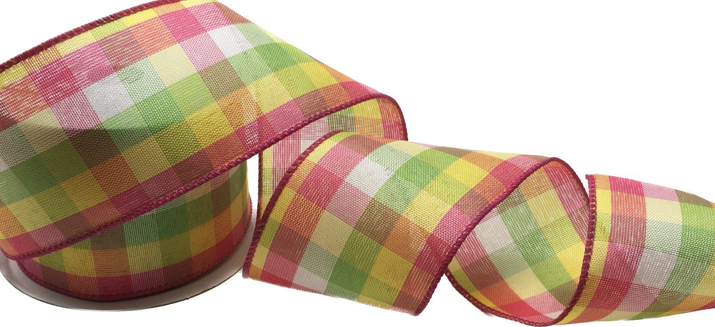 10 Yards - 2.5” Wired Multicolored Pink, Green, Yellow and White Gingham Ribbon