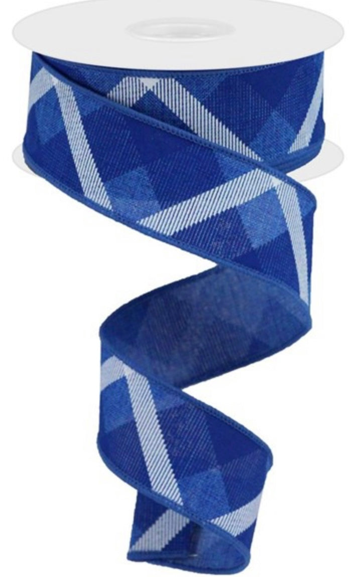 10 Yard - 1.5” Wired Royal Blue and White Printed Plaid Ribbon