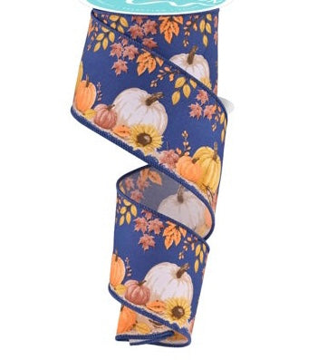 10 Yards - 2.5” Wired Pumpkin and Foliage with Blue Background Ribbon