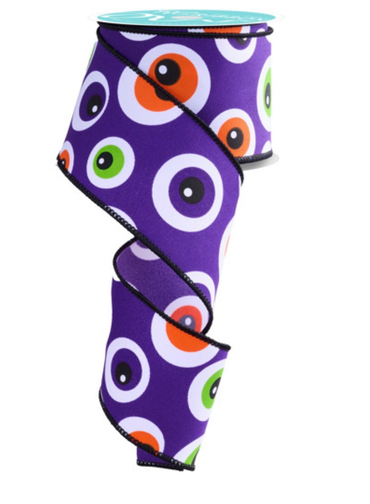 10 Yards - 2.5” Wired Purple Background Eye Ball Halloween Ribbon
