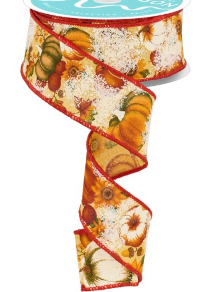 10 Yards - 1.5” Wired Fall Pumpkin Sunflower Acorn Ribbon