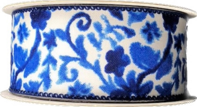 Wired White Background Blue Floral Ribbon- 1.5”x10 Yards