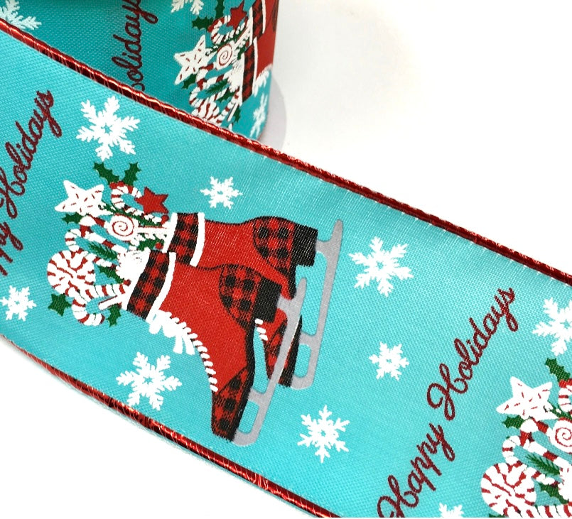 10 Yards - 2.5” Wired Lime Green Ice Skates Happy Holidays Ribbon