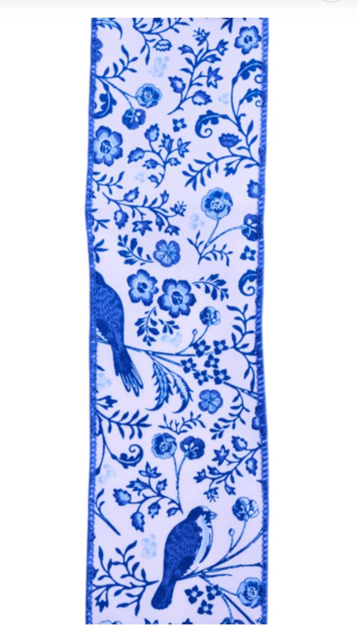 10 Yards - 1.5" Wired Blue and White Floral and Blue Bird Ribbon
