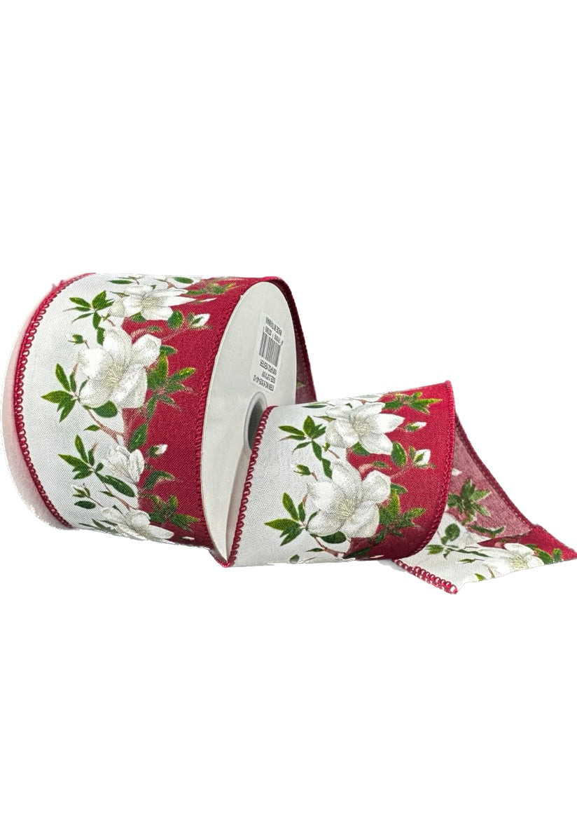 Wired Floral on Dark Red and White Background on Satin Ribbon- 2.5”x10 Yards