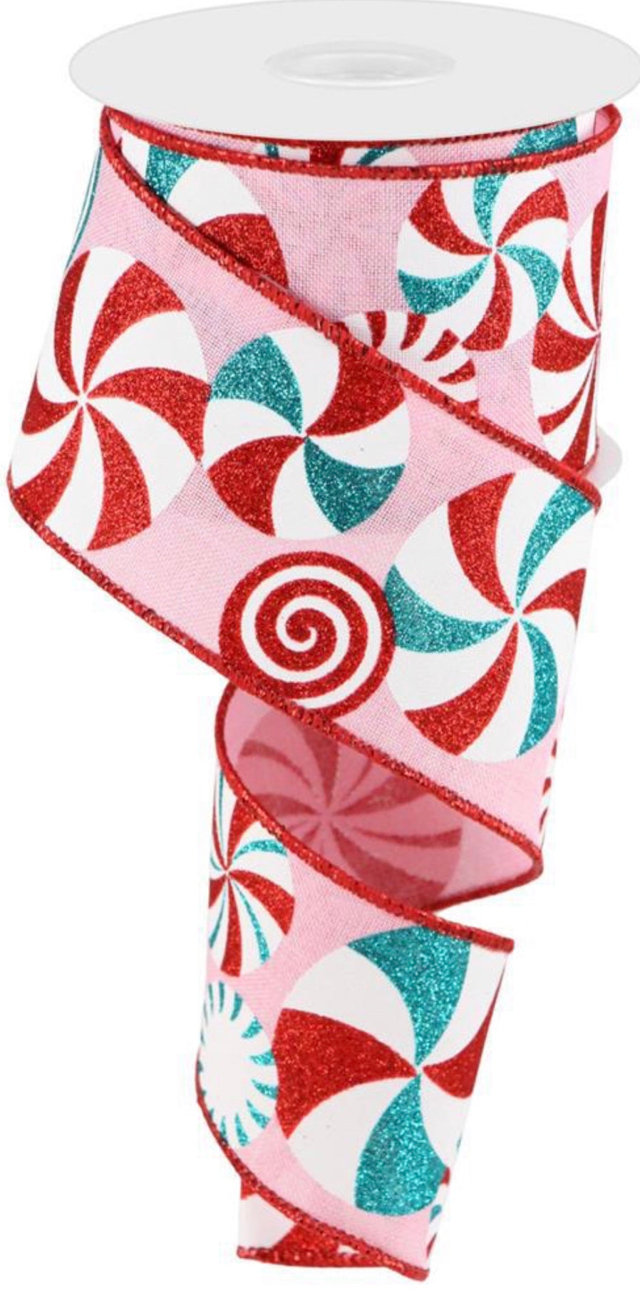 10 Yards - 2.5” Wired Pink Background Peppermint Swirl Christmas Ribbon
