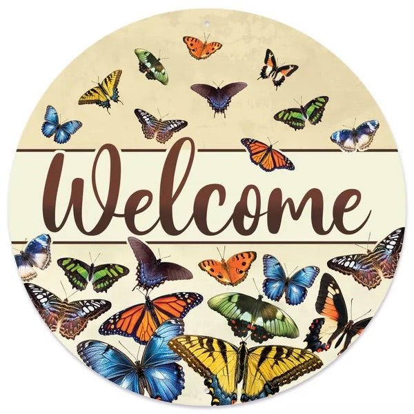 12” Round Metal Butterfly Welcome Wreath Sign
