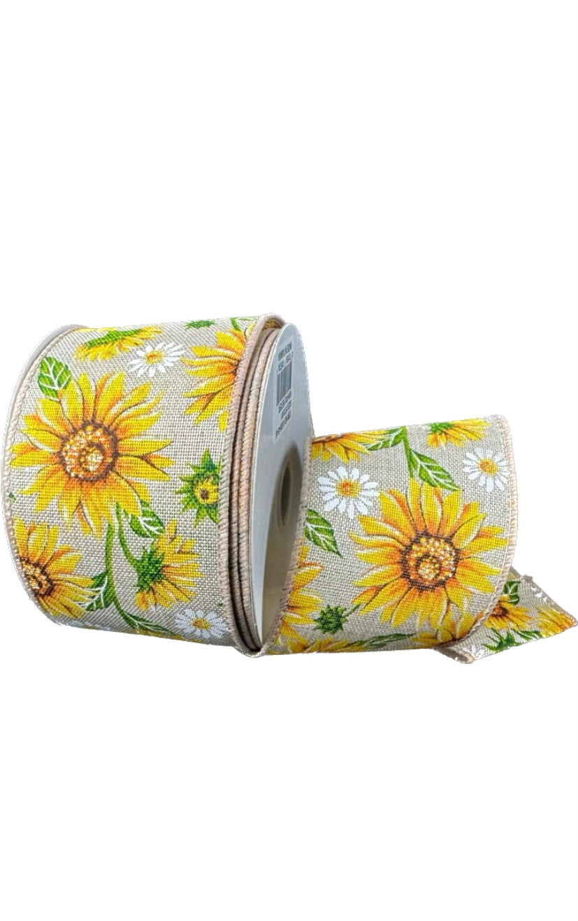 10 Yards - 2.5” Wired Natural Background Sunflower Ribbon
