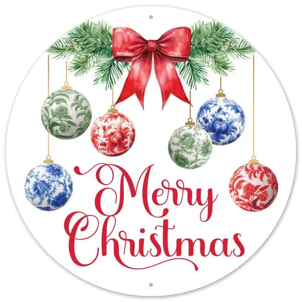 Merry Christmas Balls Wreath Sign-12” Round