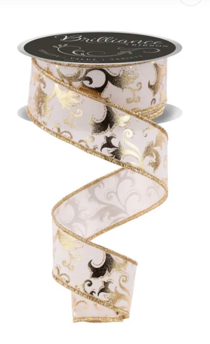 Wired Ivory with Gold Metallic Foil Swirl Leaf-1.5”x10 Yards