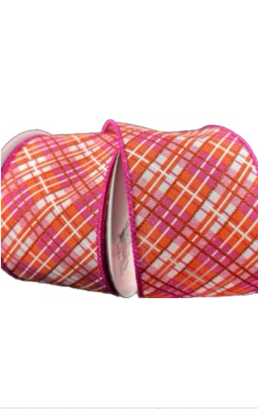 Wired Pink, Orange, and White Diagonal Cross Printed Plaid Ribbon-2.5”x10 Yards